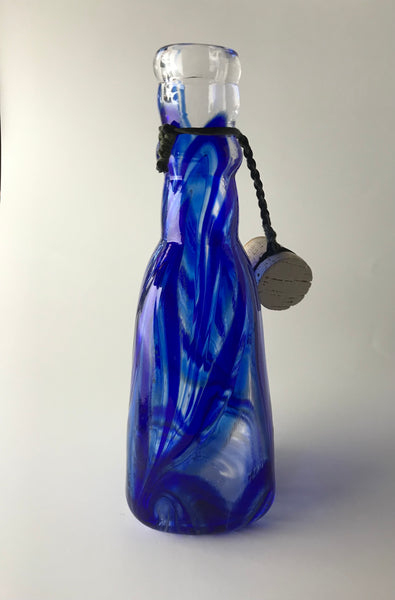 cerulean blue / cobalt feathered window four sided bottle