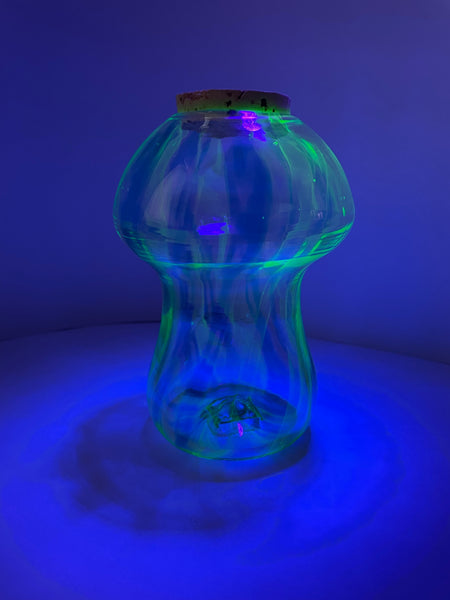 copper blue/uranium green helix lines with topped cork mushroom jar