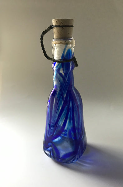 cerulean blue / cobalt feathered window four sided bottle