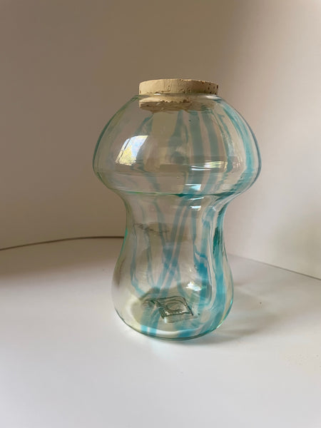 copper blue/uranium green helix lines with topped cork mushroom jar