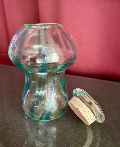 copper blue/uranium green helix lines with topped cork mushroom jar