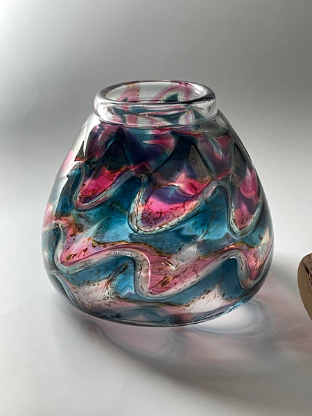 steel blue / gold ruby with green luster netted jar