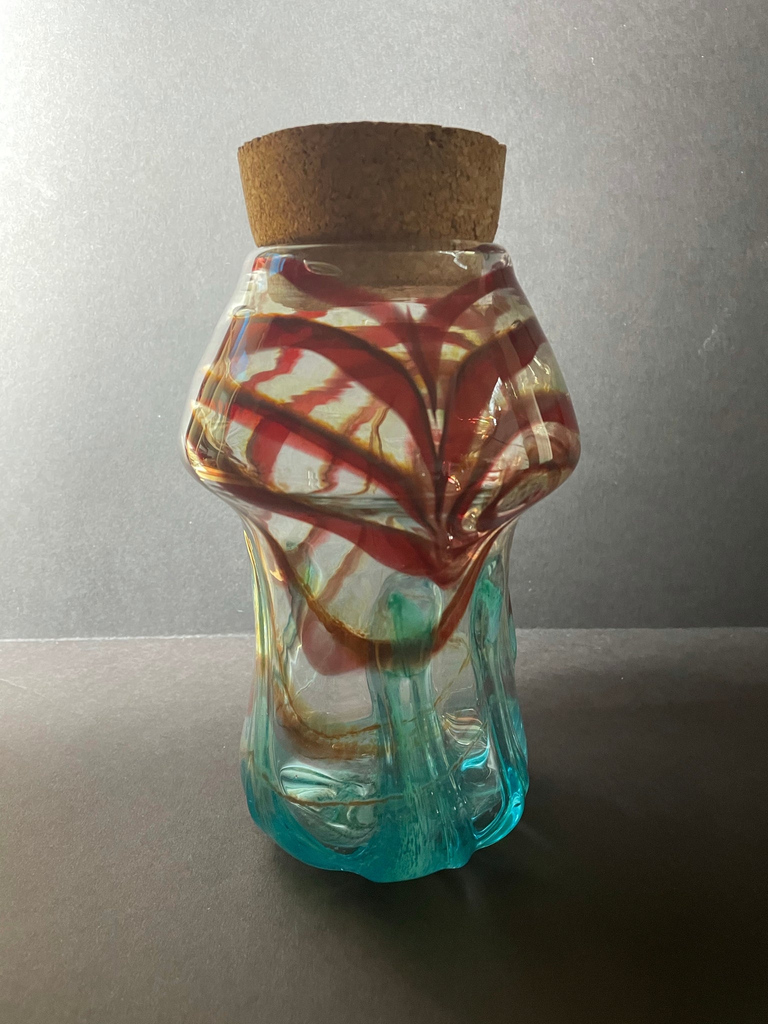 copper ruby / uranium green swirled green luster base jar