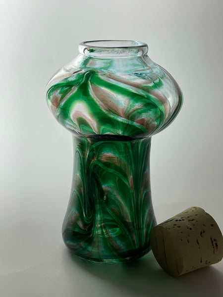 emerald / tea with green luster feathered window mushroom jar