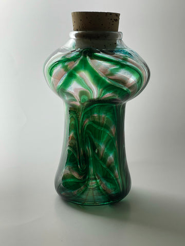 emerald / tea with green luster feathered window mushroom jar