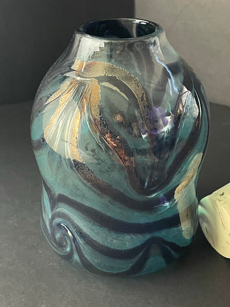 indigo with green luster feathered window jar