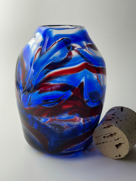 copper ruby / cerulean blue feathered window jar