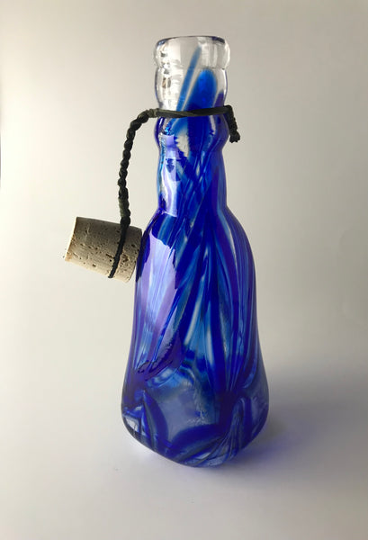 cerulean blue / cobalt feathered window four sided bottle