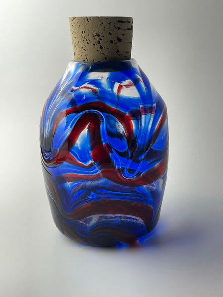 copper ruby / cerulean blue feathered window jar