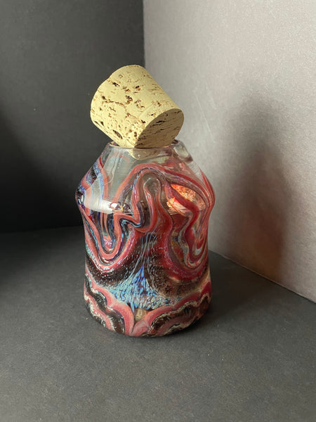 copper ruby / tea with blue chalcedony feathered window jar