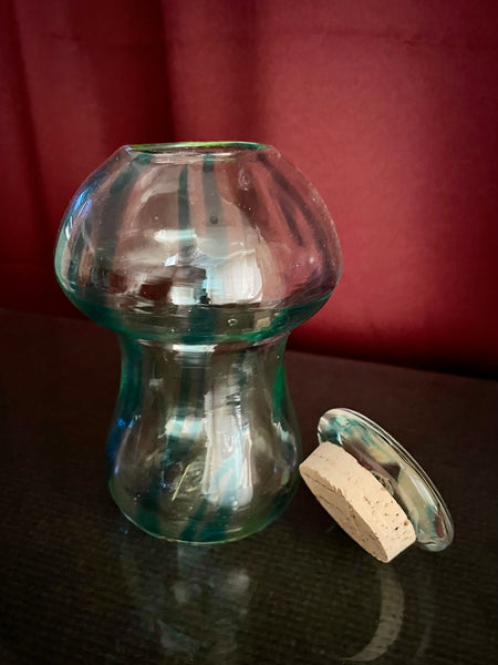 copper blue/uranium green helix lines with topped cork mushroom jar